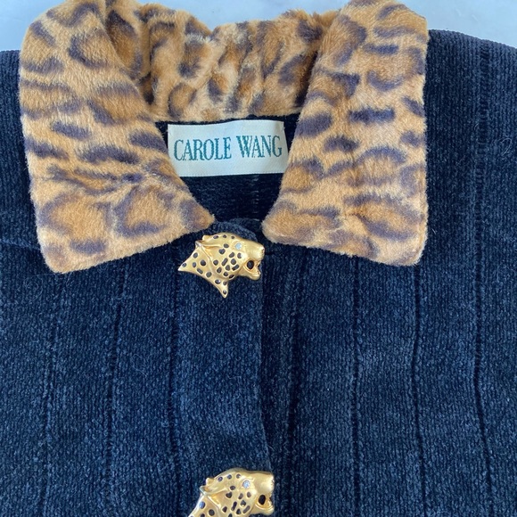Vintage Carole Wang 1990’s chenille sweater animal print collar cheetah buttons - Picture 4 of 10